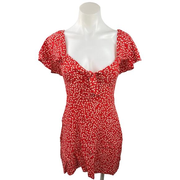 Zara Red Floral Sweetheart Neck Flutter Sleeve Bow Smocked Back Mini Dress Sz S - Picture 1 of 7